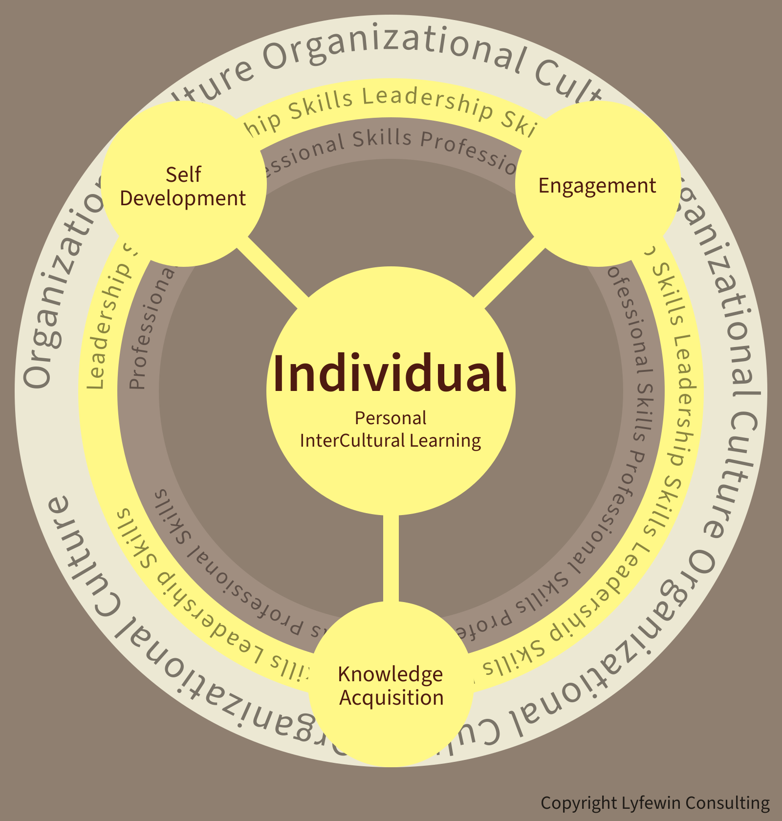 Lyfewin learning model: the Individual, through personal intercultural learning, at the center, connected to Self Development, Engagement, and Knowledge Acquisition, surrounded by rings of Professional Skills, Leadership Skills, and Organizational Culture.